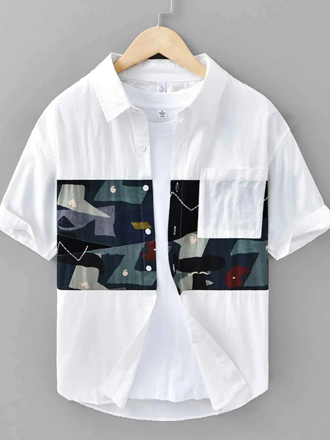 Men's Plus Size Abstract Patchwork Short Sleeve Shirt Trendsi White M