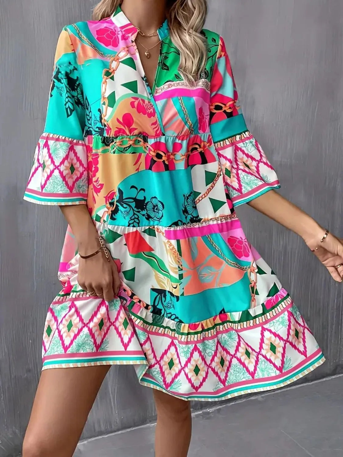 TEEK - Printed Notched 3/4 Sleeve Tiered Dress DRESS TEEK Trend