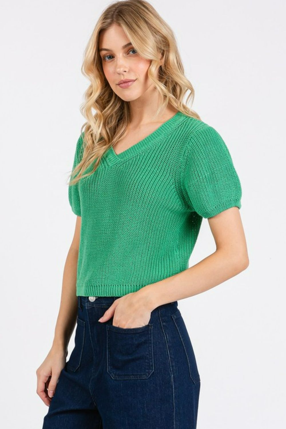 TEEK - Jade Green V-Neck Short Sleeve Crop Sweater TOPS TEEK Trend