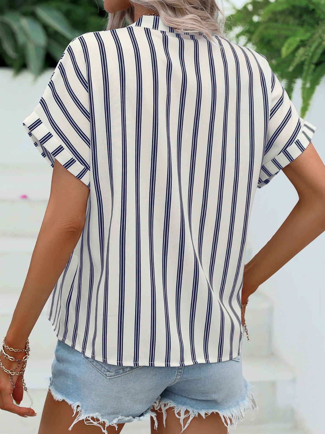 TEEK - Striped Button Notched Short Sleeve Blouse TOPS TEEK Trend   