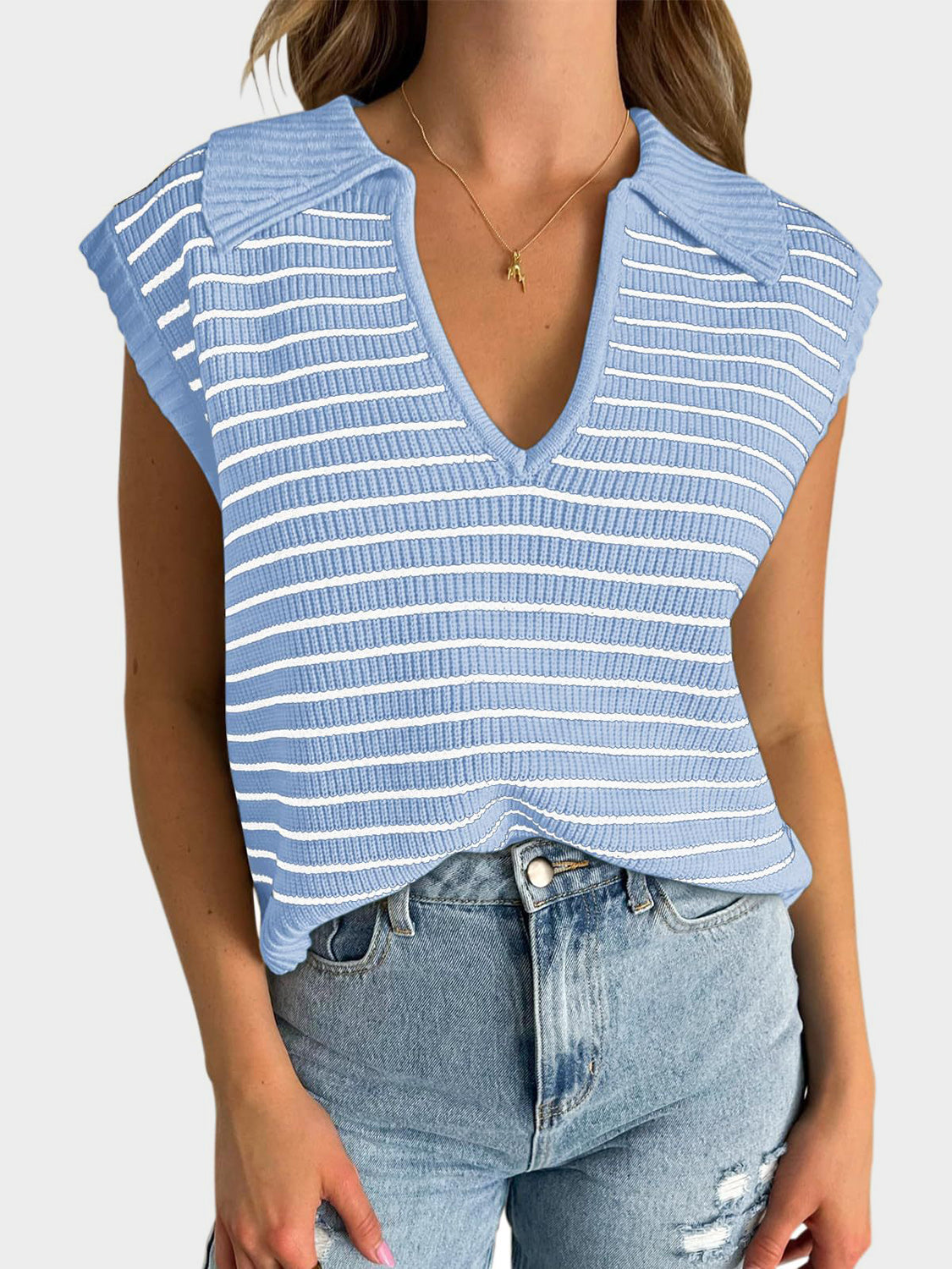 TEEK - Mandy Collared Neck Striped Sweater Vest TOPS TEEK Trend Light Blue S