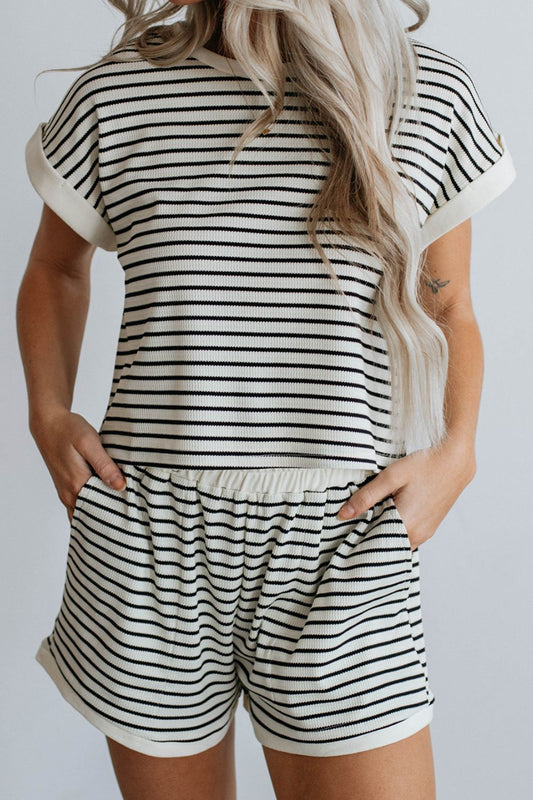 Striped Round Neck Top and Shorts Set  TEEK Trend Stripe S 