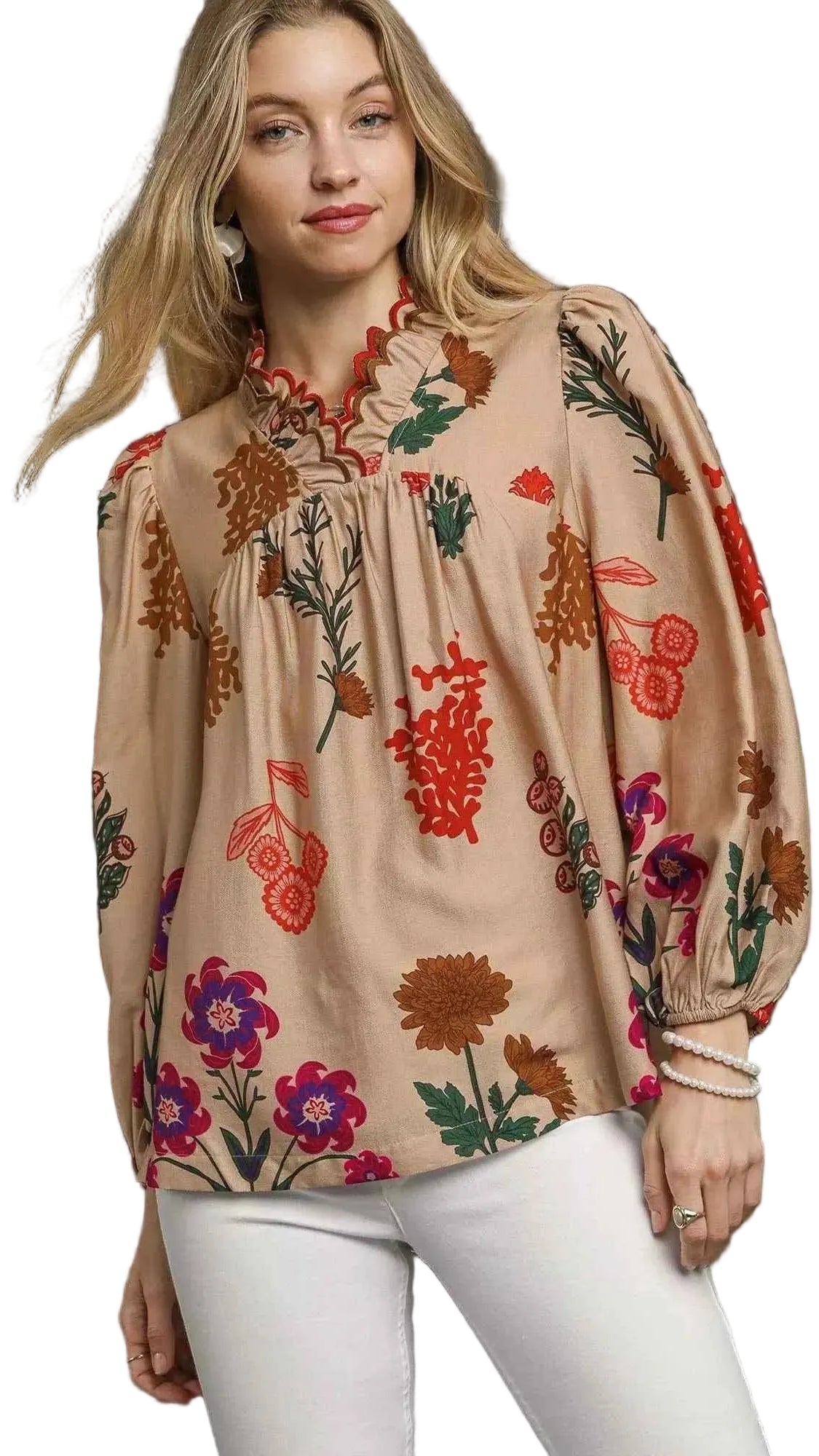 Umgee Flower Print Blouse with Scalloped Neckline