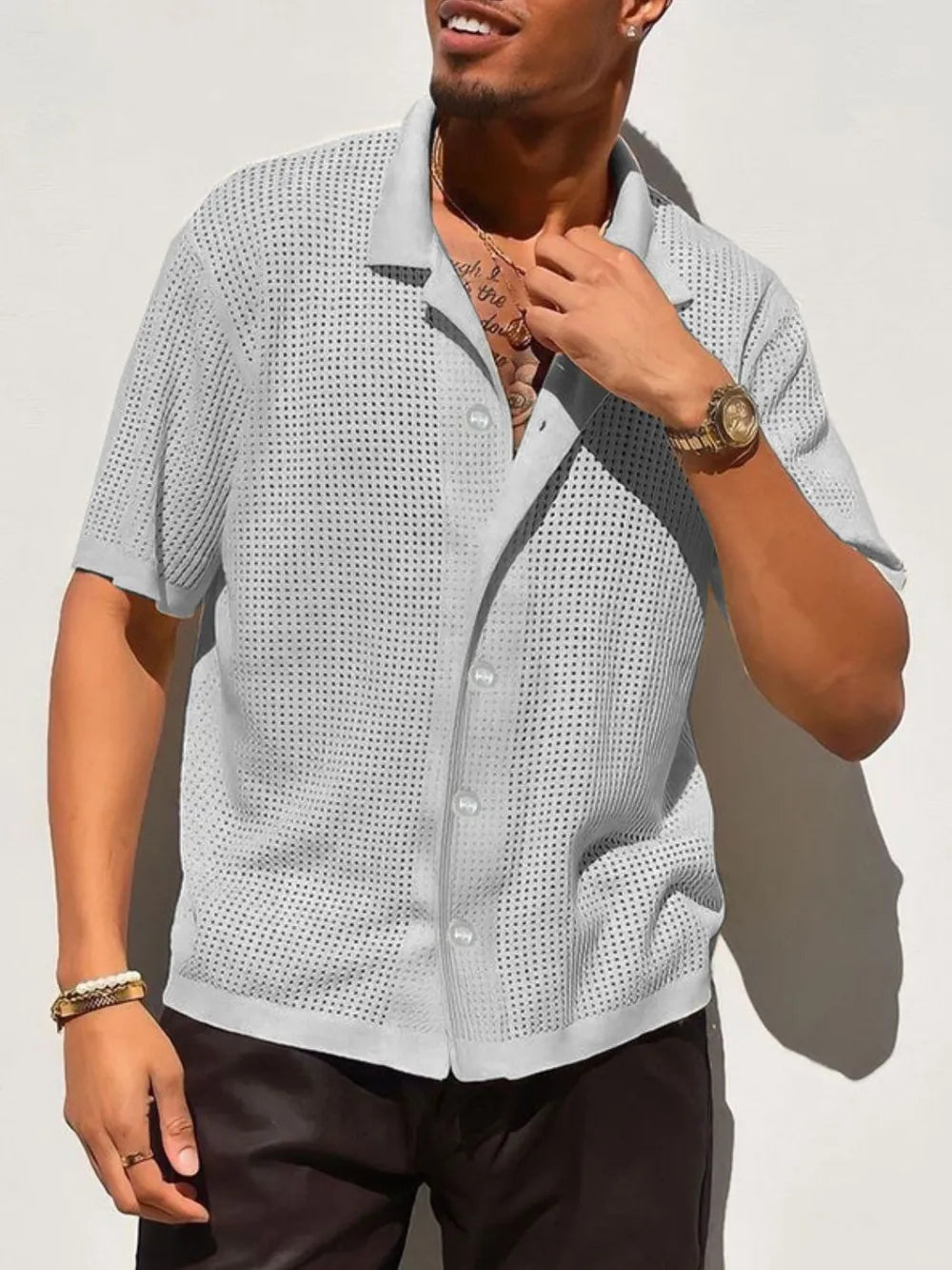 TEEK - Mens Openwork Button Down Collared Neck Shirt TOPS TEEK Trend Gray S