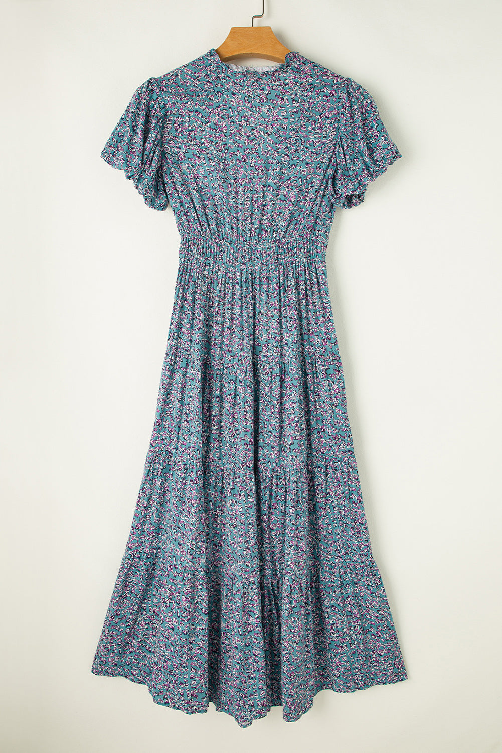 TEEK - Peacock Blue Tiered Notched Short Sleeve Dress DRESS TEEK Trend   