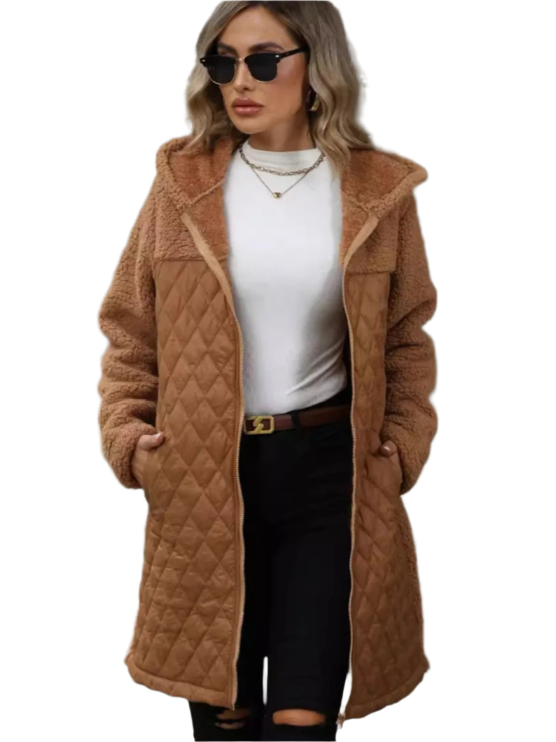 TEEK - Texture Zip Up Long Sleeve Hooded Coat COAT TEEK Trend Caramel S
