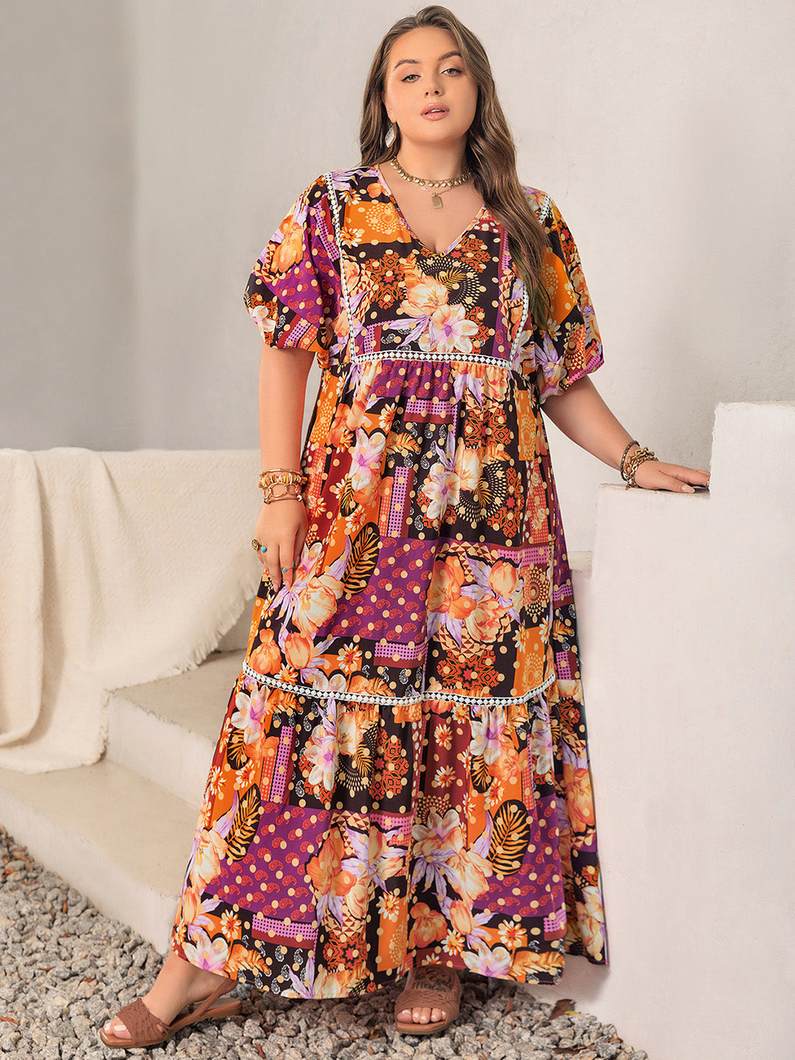 TEEK - Multicolor Plus Size Printed V-Neck Half Sleeve Maxi Dress DRESS TEEK Trend   