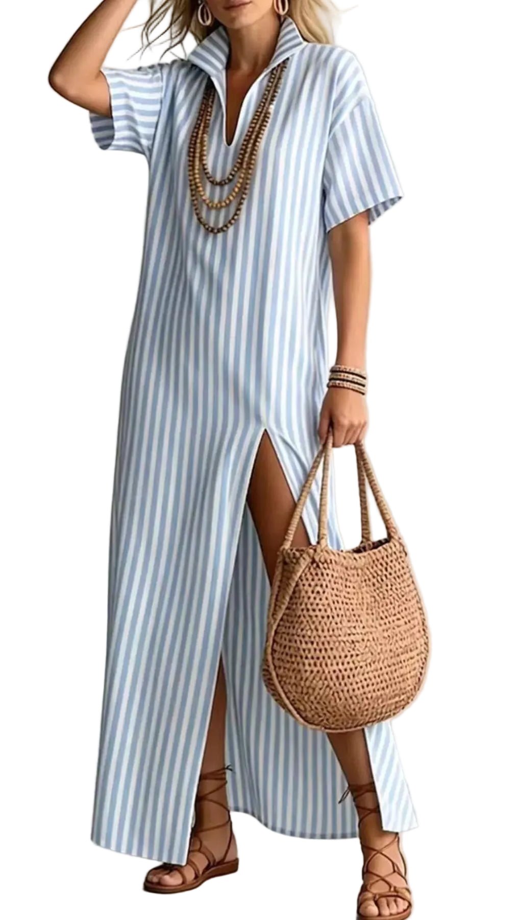 Striped High Slit Maxi Shirt Dress Trendsi Sky Blue S