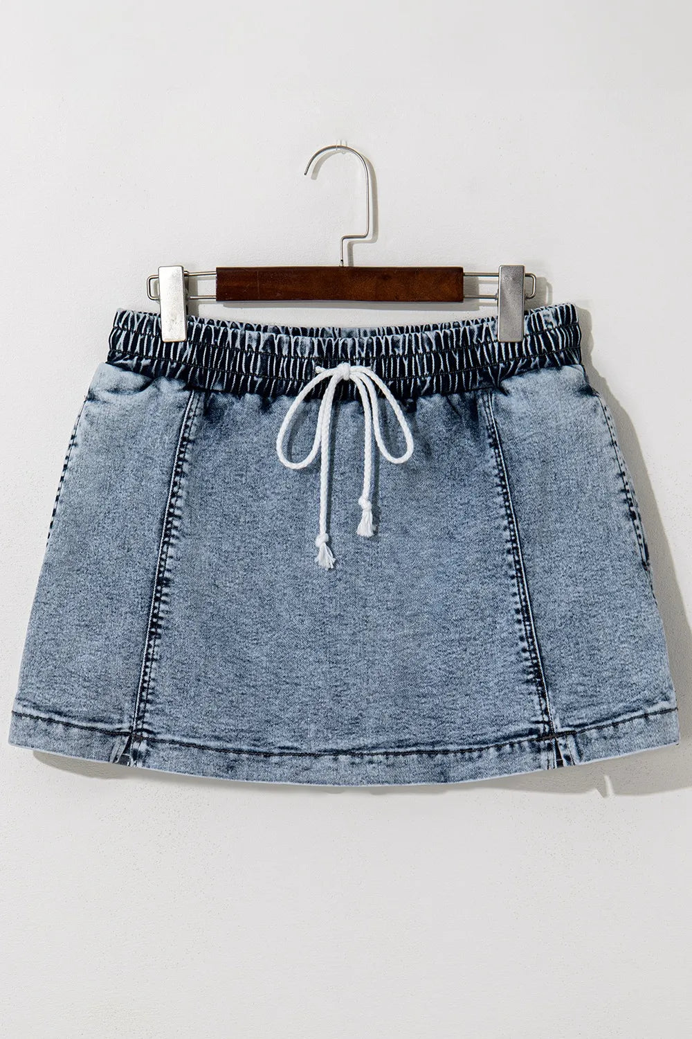 TEEK - Drawstring High Waist Pocketed Medium Wash Denim Skort SHORTS TEEK Trend