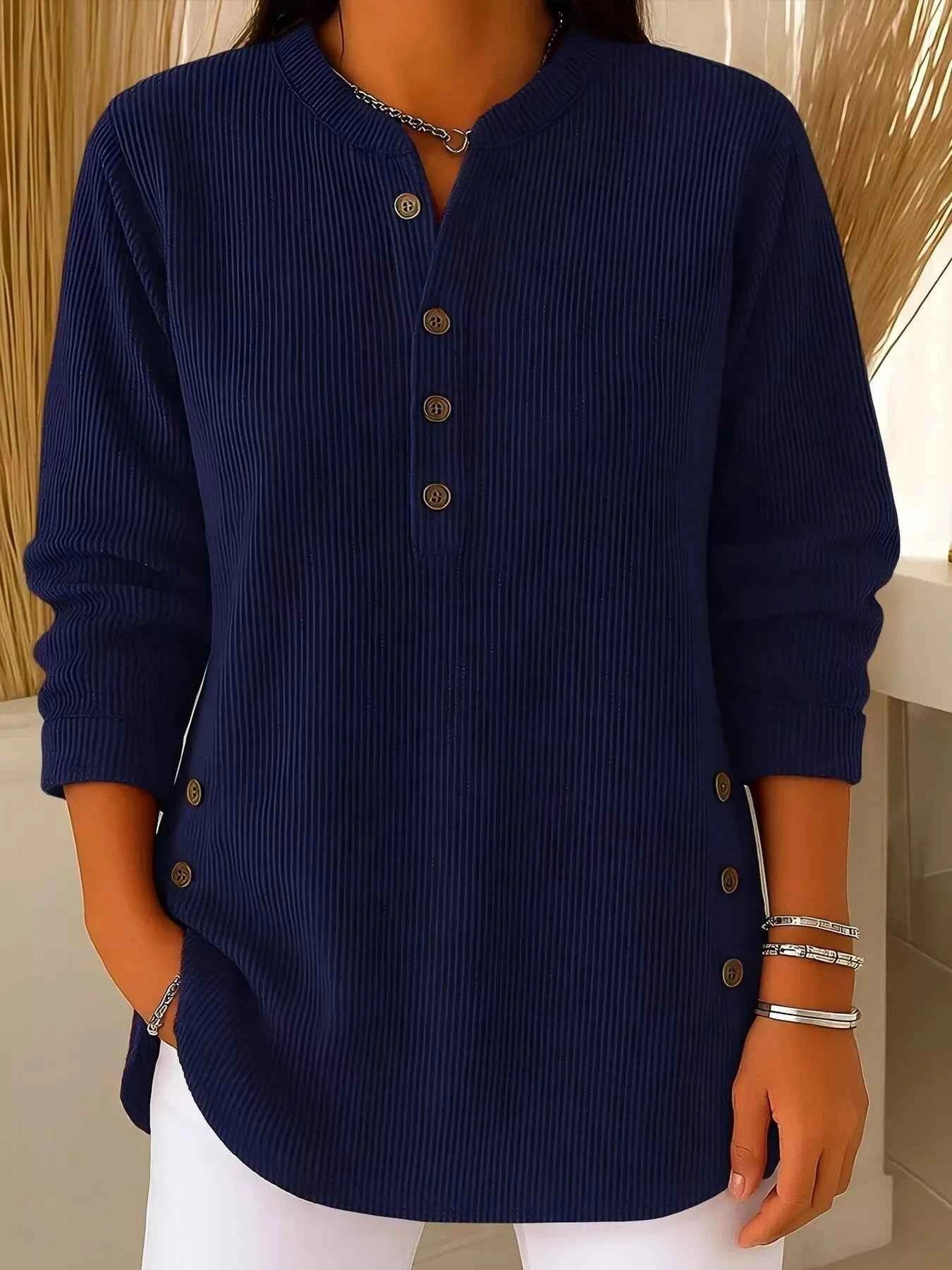 TEEK - Full Size Ribbed Half Button Henley Top Plus Size TOPS TEEK Trend Navy Blue S