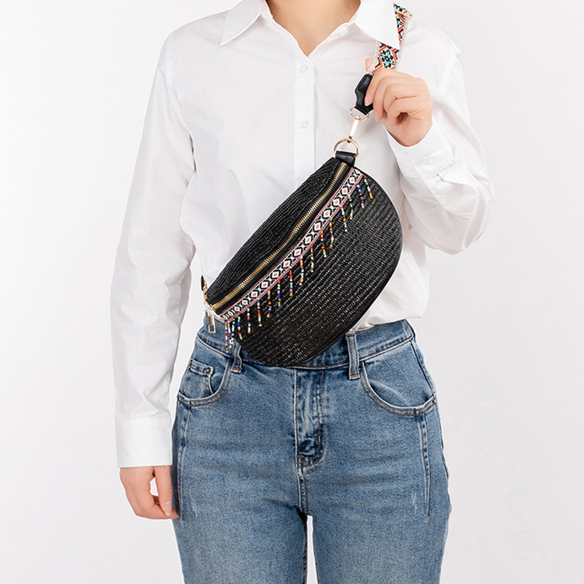 TEEK - Bead Trim Straw Weave Crossbody Bag BAG TEEK Trend   