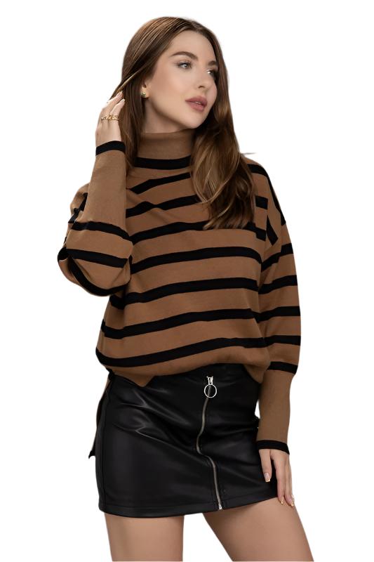 TEEK - Brown Stripe Turtleneck Knit Sweater TOPS TEEK FG XL  