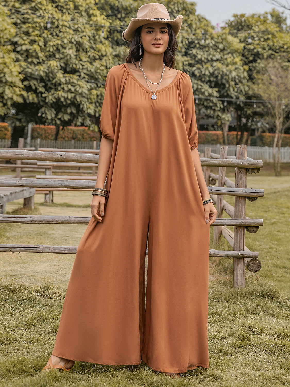 TEEK - Caramel Scoop Neck Half Sleeve Wide Leg Jumpsuit JUMPSUIT TEEK Trend   