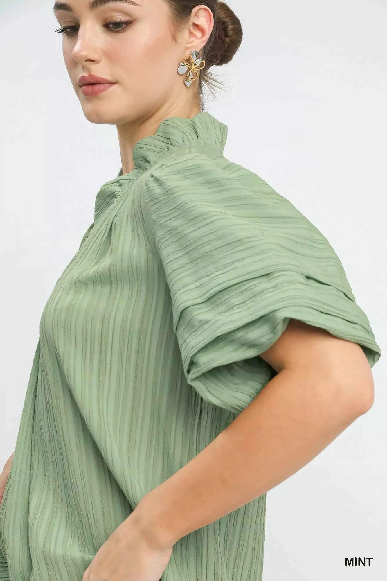 TEEK - Seersucker Bubble Sleeve V-Neck Blouse TOPS TEEK Trend