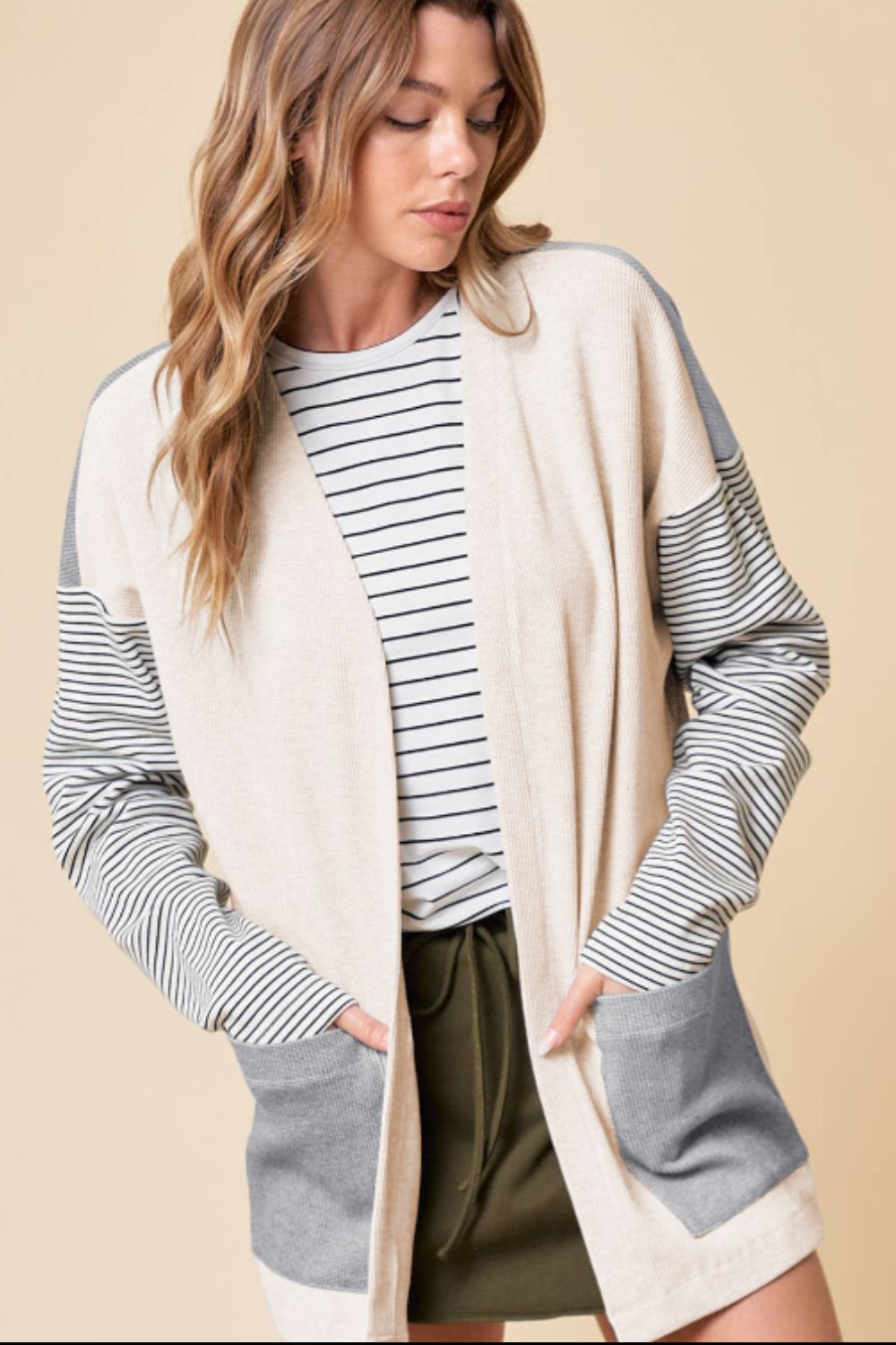 TEEK - Light Grey Open Front Long Sleeve Striped Pocketed Cardigan SWEATER TEEK Trend