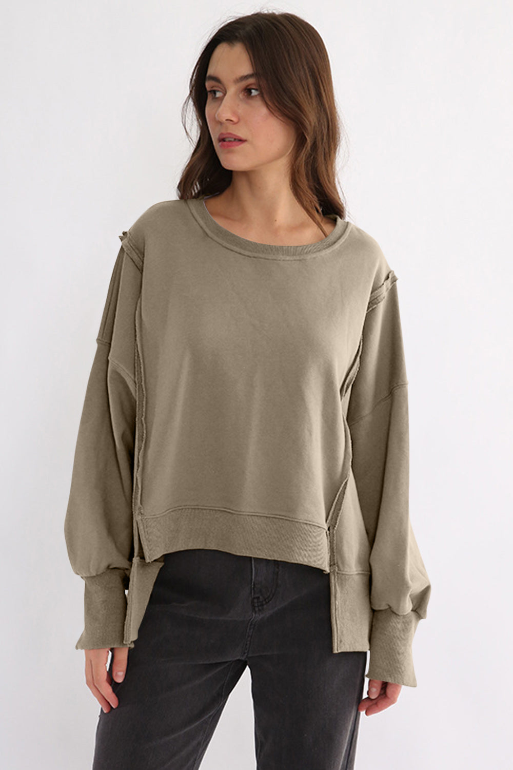 TEEK - Exposed Seam High-Low Long Sleeve Sweatshirt TOPS TEEK Trend Khaki One Size