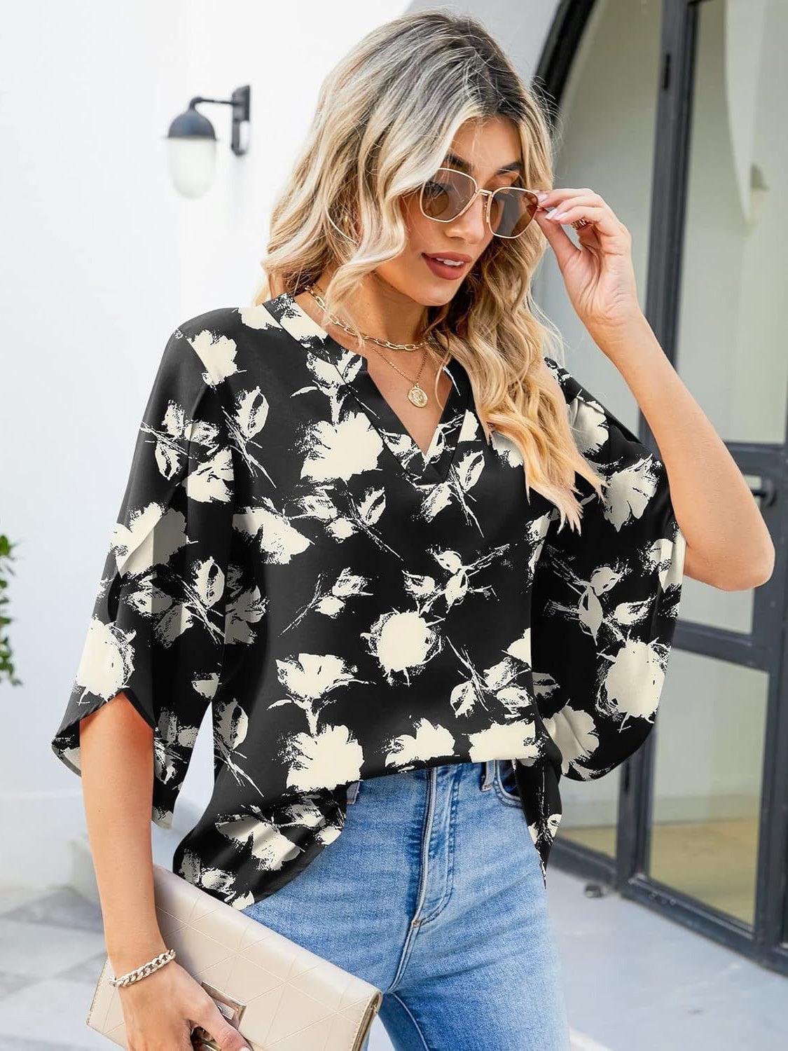 TEEK - Printed Notched Widened Half Sleeve Blouse TOPS TEEK Trend   