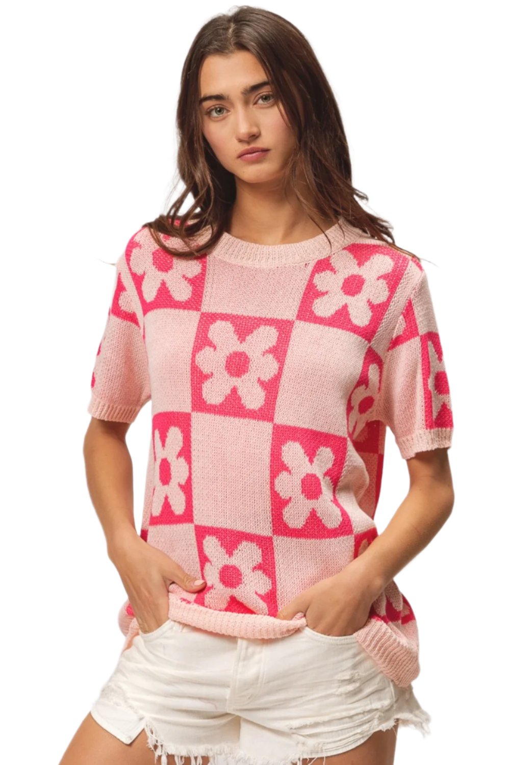 TEEK - Blush Fuchsia Flower Checker Pattern Short Sleeve Sweater SWEATER TEEK Trend S  