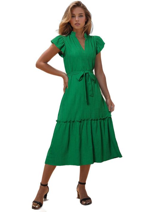 TEE - Mid-Green Tied Notched Cap Sleeve Dress DRESS TEEK Trend S  
