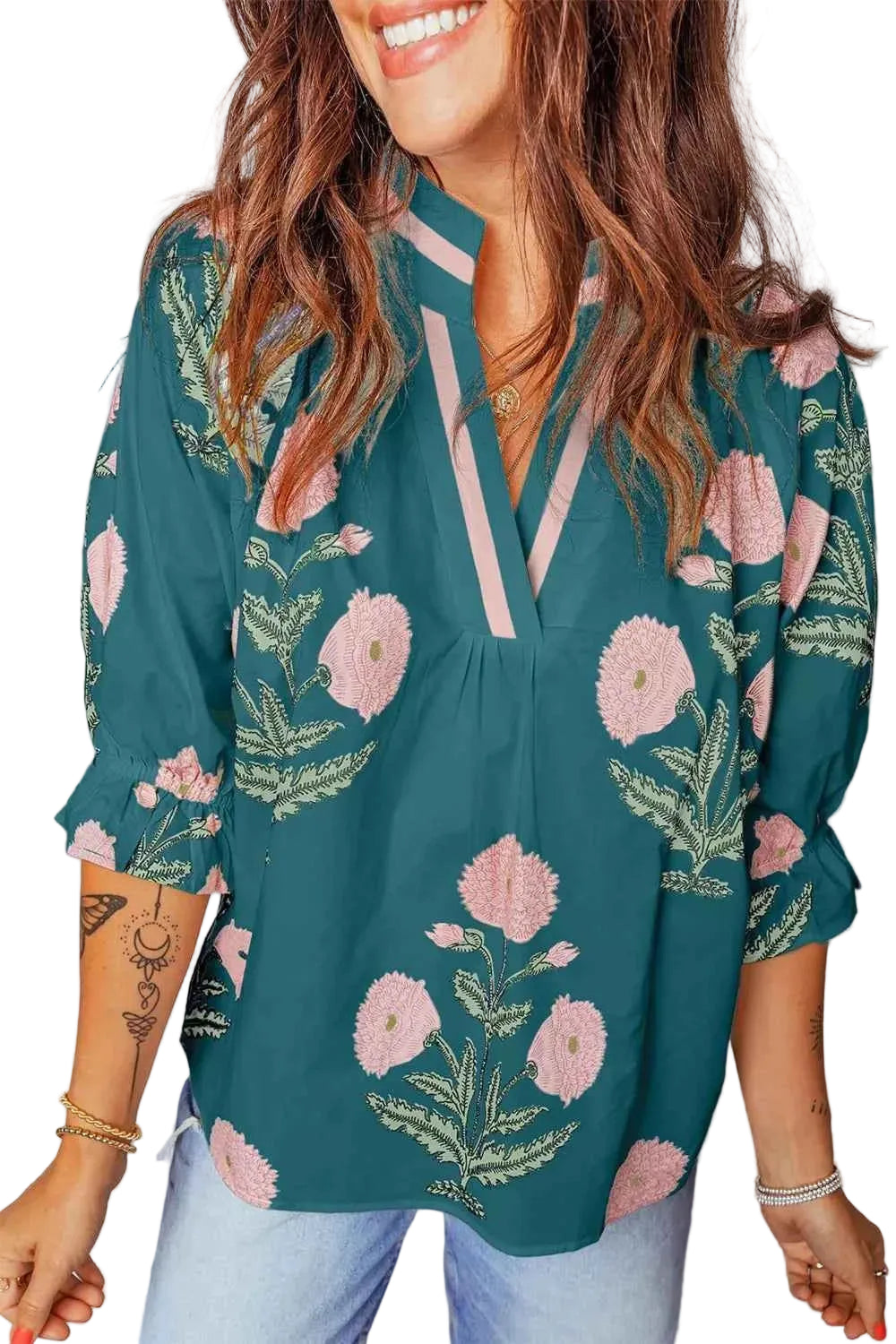 Floral Embroidered Notched Blouse Trendsi Dark Green S