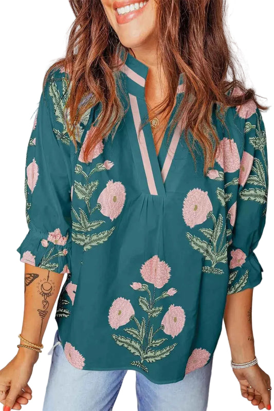 Floral Embroidered Notched Blouse Trendsi Dark Green S