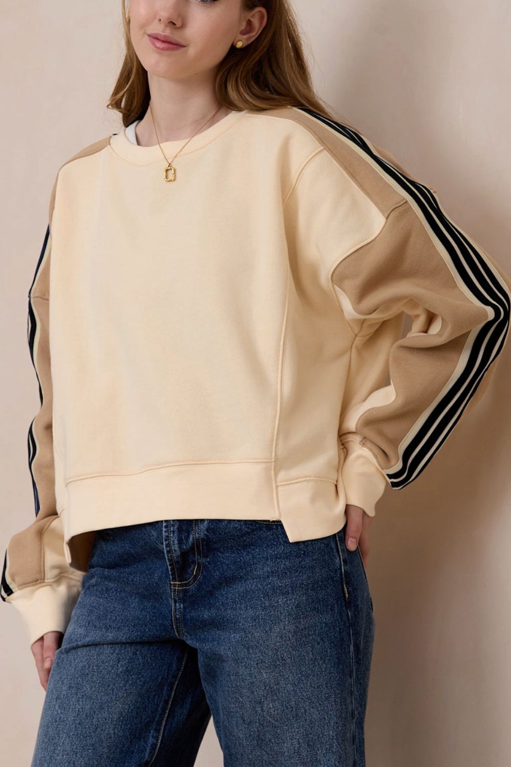 TEEK - Beige Contrast Round Neck Long Sleeve Sweatshirt TOPS TEEK Trend