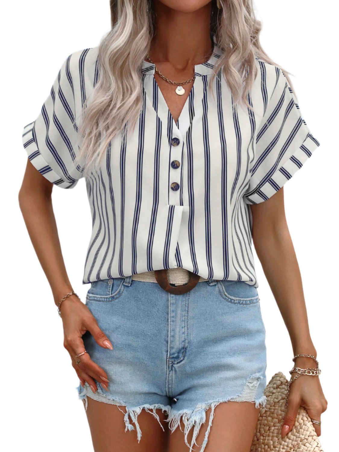 TEEK - Striped Button Notched Short Sleeve Blouse TOPS TEEK Trend Beige S 