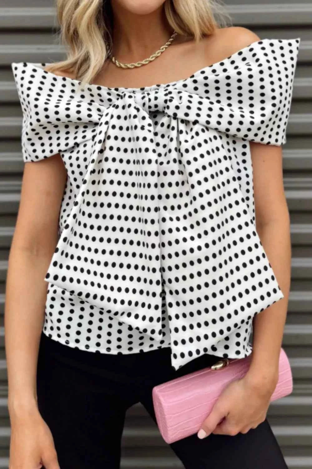 TEEK - Polka Dot Off Shoulder Bow Knot Short Sleeve Blouse TOPS TEEK Trend