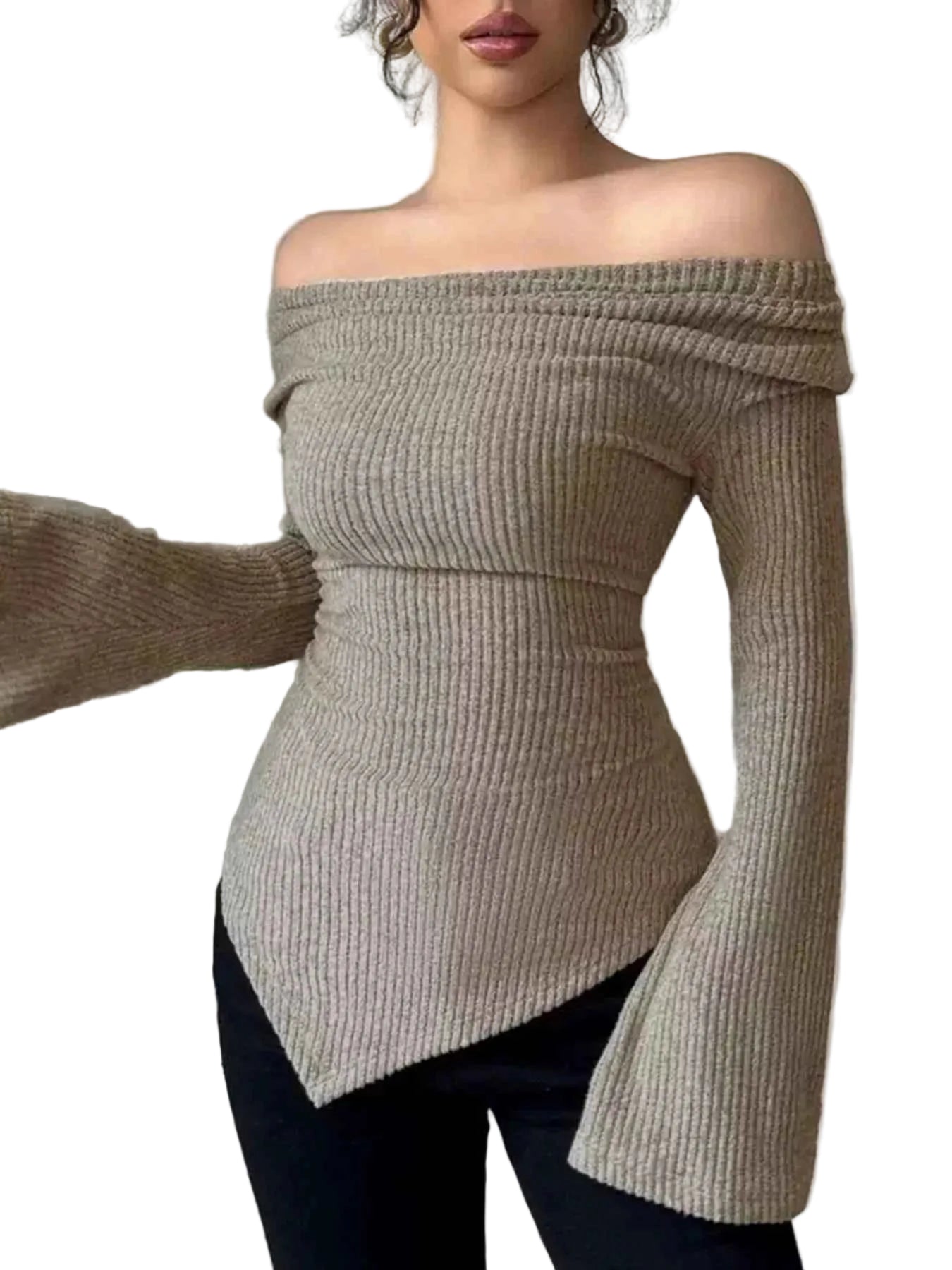 TEEK - Off-Shoulder Bell Sleeve Ribbed Blouse TOPS TEEK Trend Khaki S