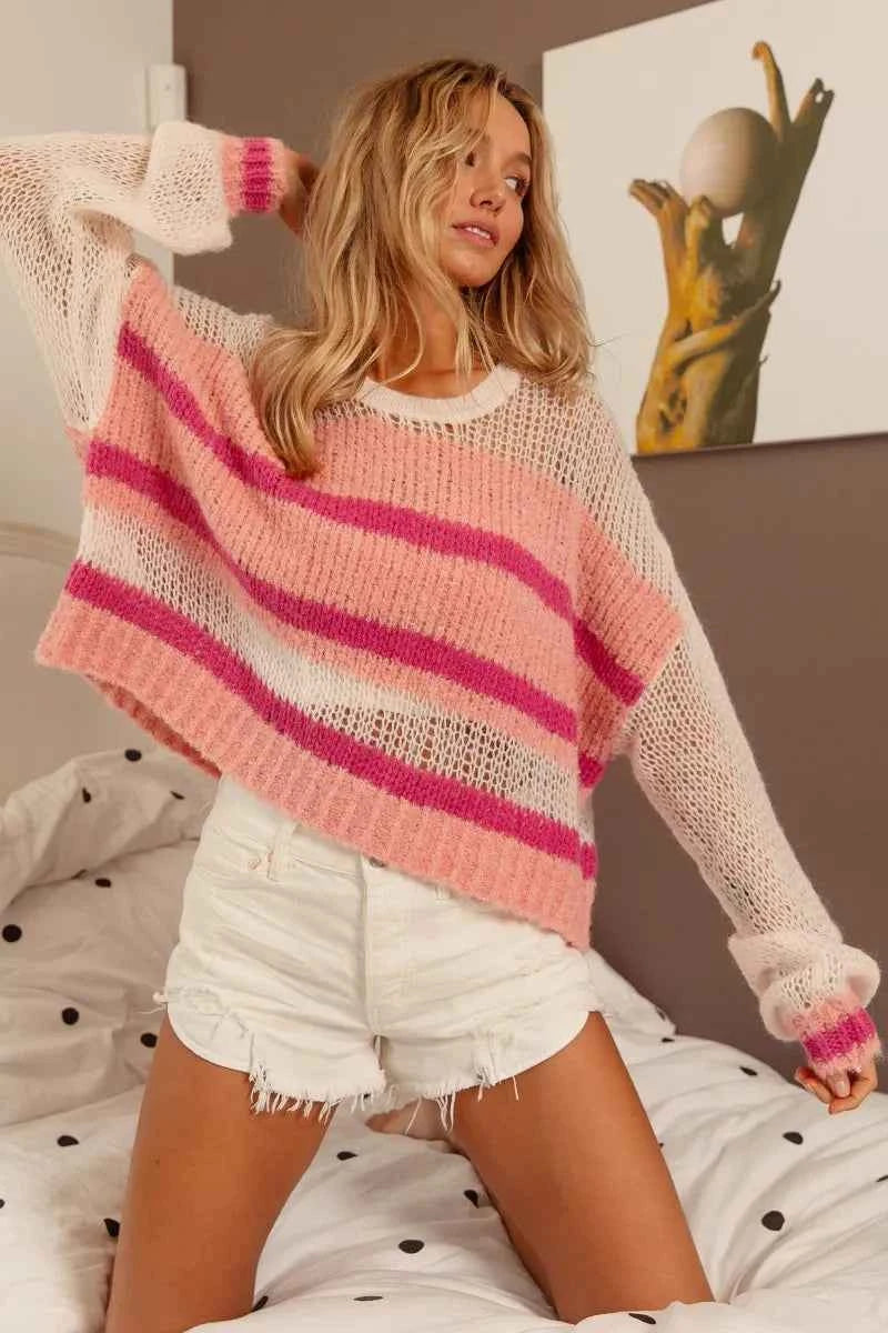 BiBi Hollow Out Yoke Detail Striped Sweater Trendsi