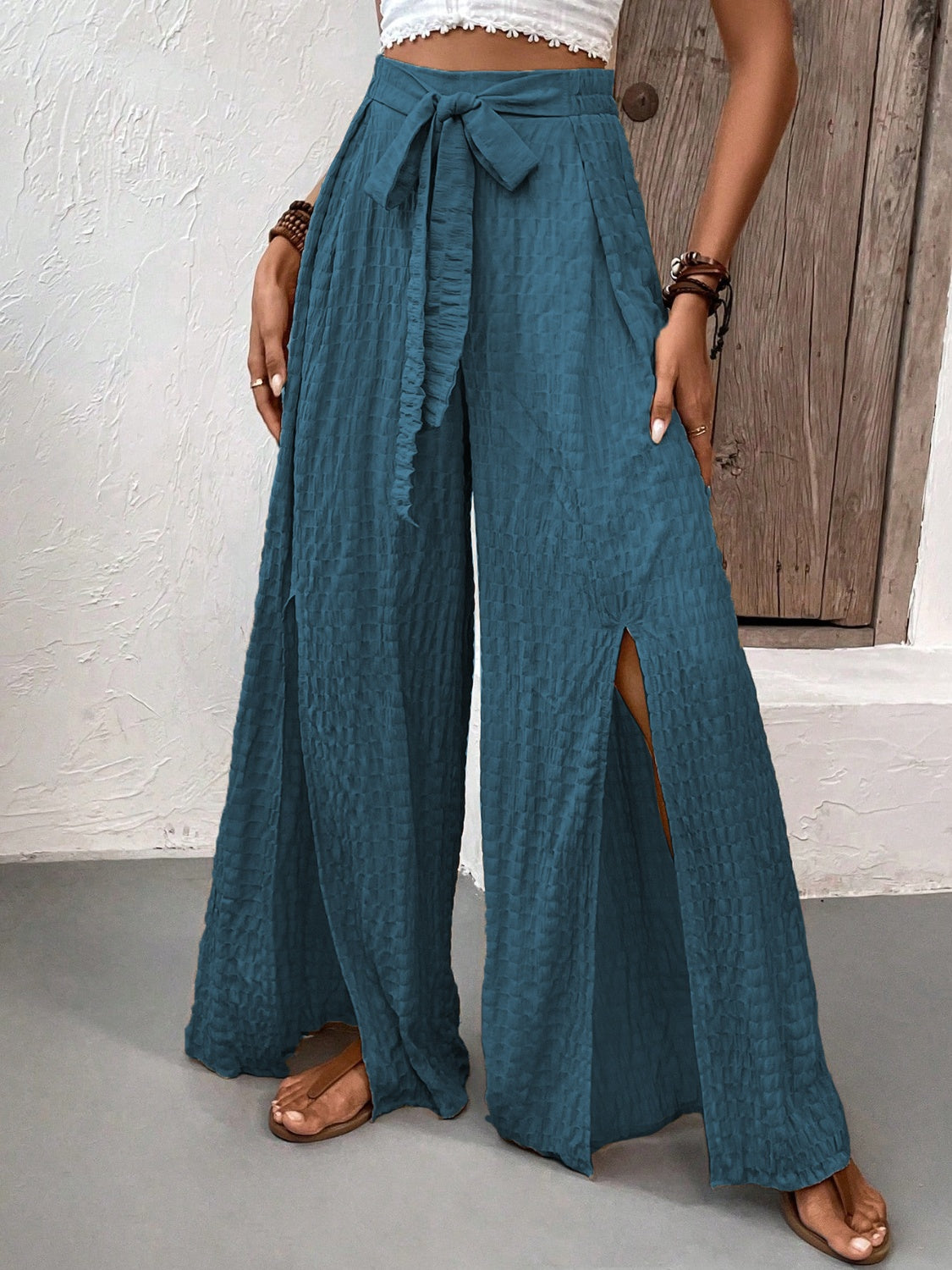 TEEK - Honey Tied Slit Wide Leg Pants PANTS TEEK Trend   