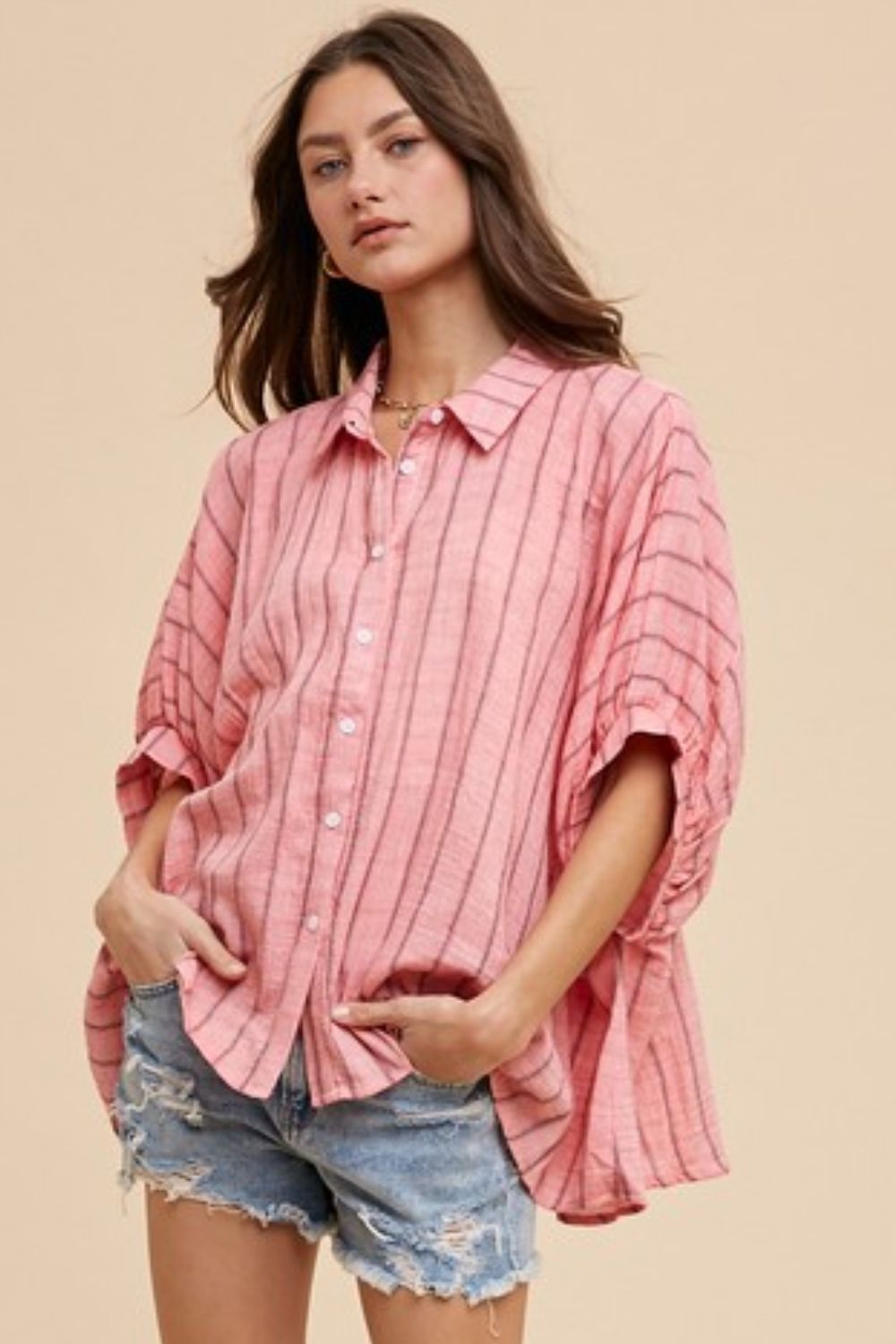 TEEK - Coral Pink Striped Button Up Half Sleeve Shirt TOPS TEEK Trend