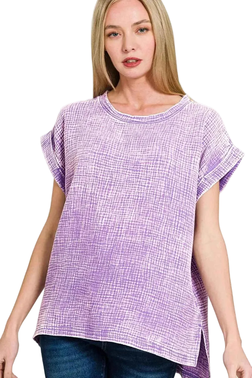 TEEK - Woven Double Gauze Acid Washed Short Sleeve Top TOPS TEEK Trend LAVENDER S