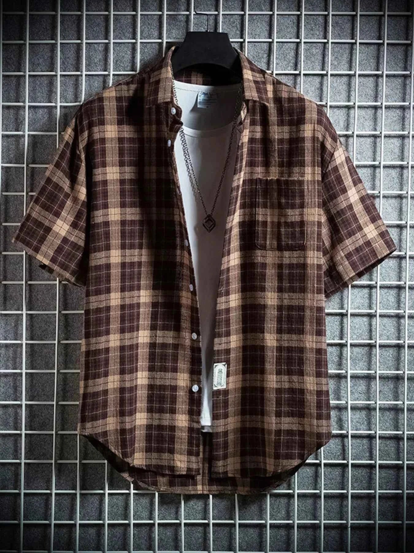 TEEK - Mens Plus Size Casual Plaid Short Sleeve Shirt TOPS TEEK Trend Coffee M