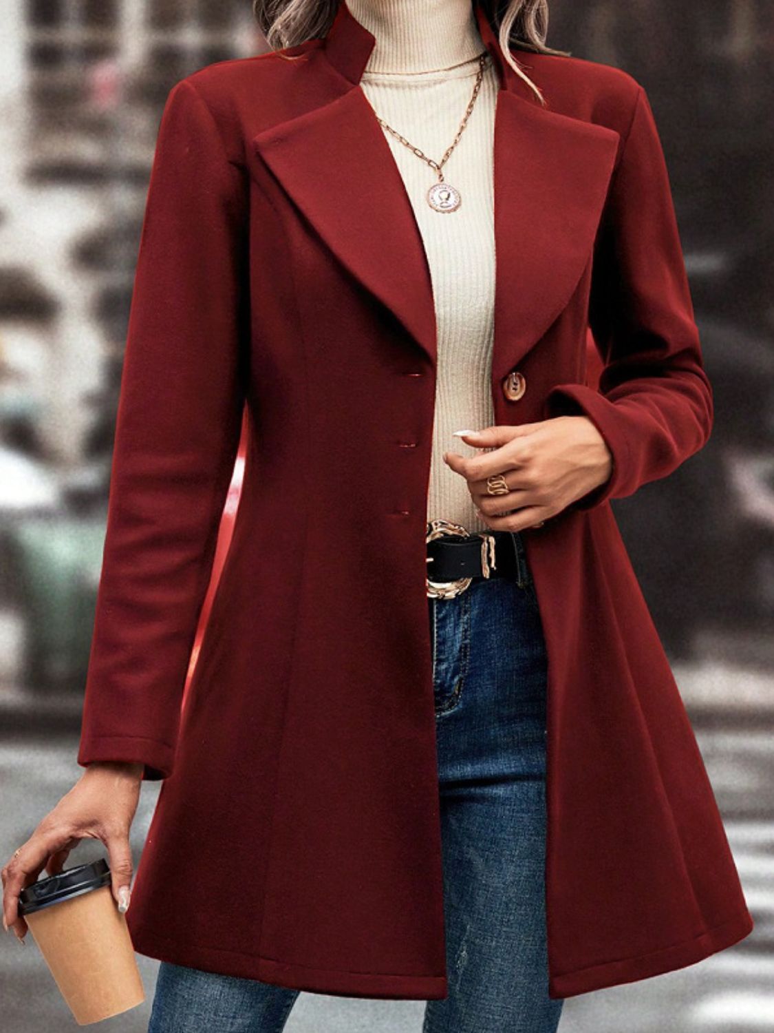 Collared Neck Button Up Long Sleeve Coat TEEK Trend