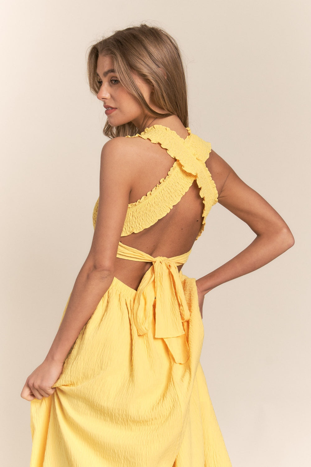 TEEK - Banana Texture Crisscross Back Tie Smocked Maxi Dress DRESS TEEK Trend S  