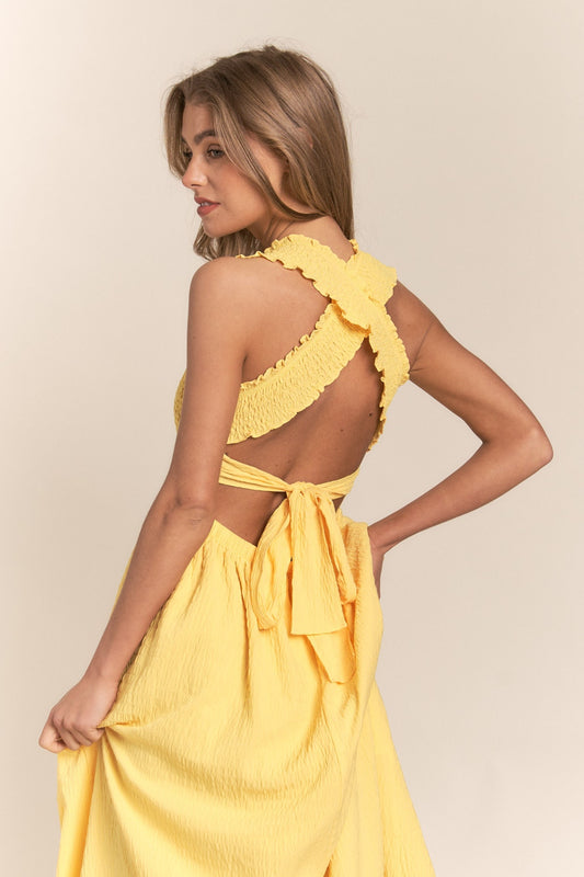 J.NNA Texture Crisscross Back Tie Smocked Maxi Dress  TEEK Trend Banana S 
