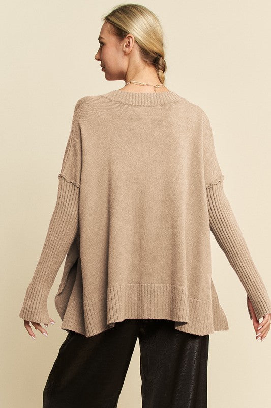 TEEK - Tan Ribbed Side Slit V-Neck Sweater TOPS TEEK Trend