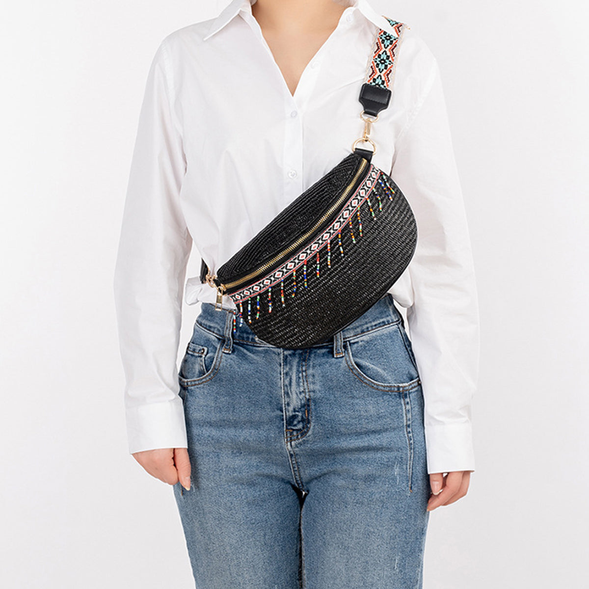 TEEK - Bead Trim Straw Weave Crossbody Bag BAG TEEK Trend Black  