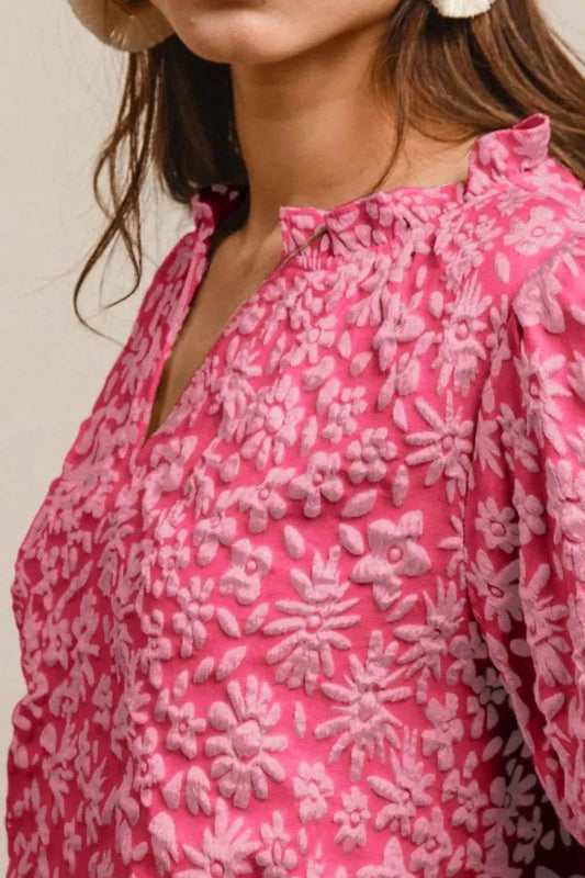 TEEK - Floral Pattern Texture Short Balloon Sleeves Ruffled Blouse TOPS TEEK Trend