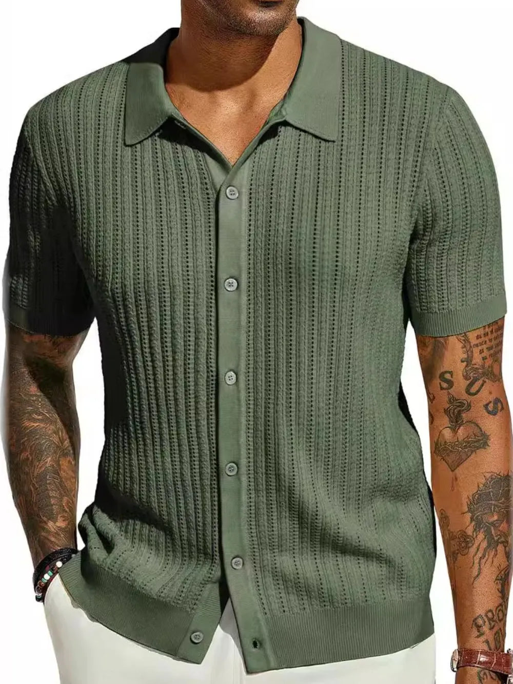 TEEK - Mens Openwork Button Down Collared Neck Shirt TOPS TEEK Trend Moss S