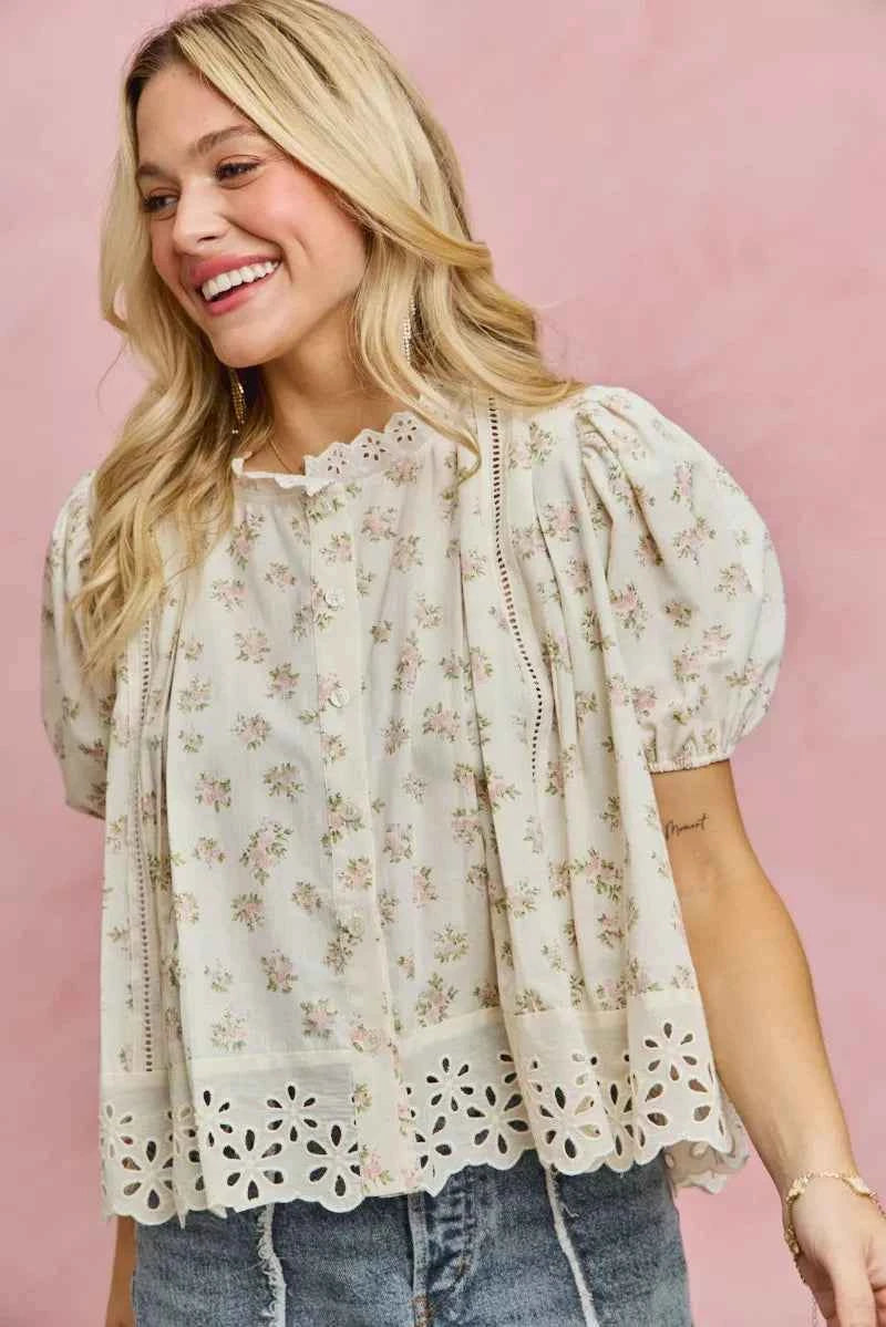 TEEK - Floral Print Lace Trim Short Sleeves Blouse TOPS TEEK Trend