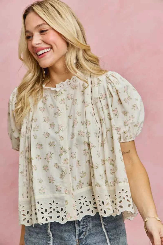 TEEK - Floral Print Lace Trim Short Sleeves Blouse TOPS TEEK Trend