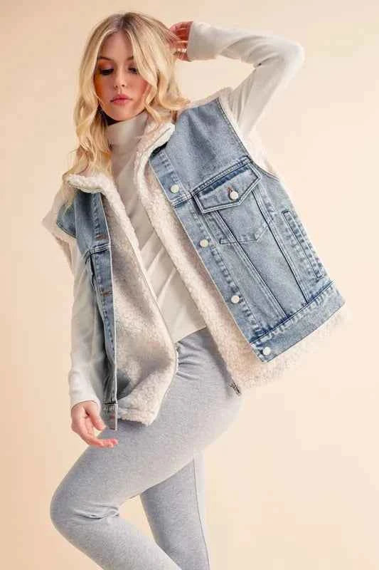 TEEK - Fake Two Pieces Denim Patch Sherpa Vest Coat VEST TEEK Trend