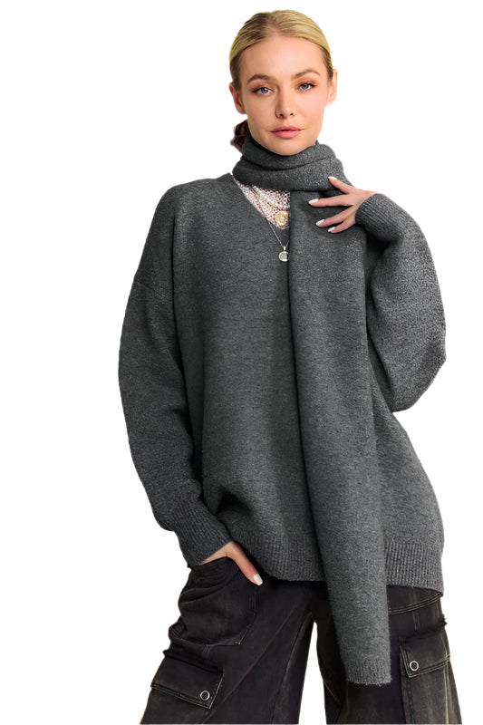 TEEK - Dark Grey V-Neck Scarf Sweater Set TOPS TEEK Trend S