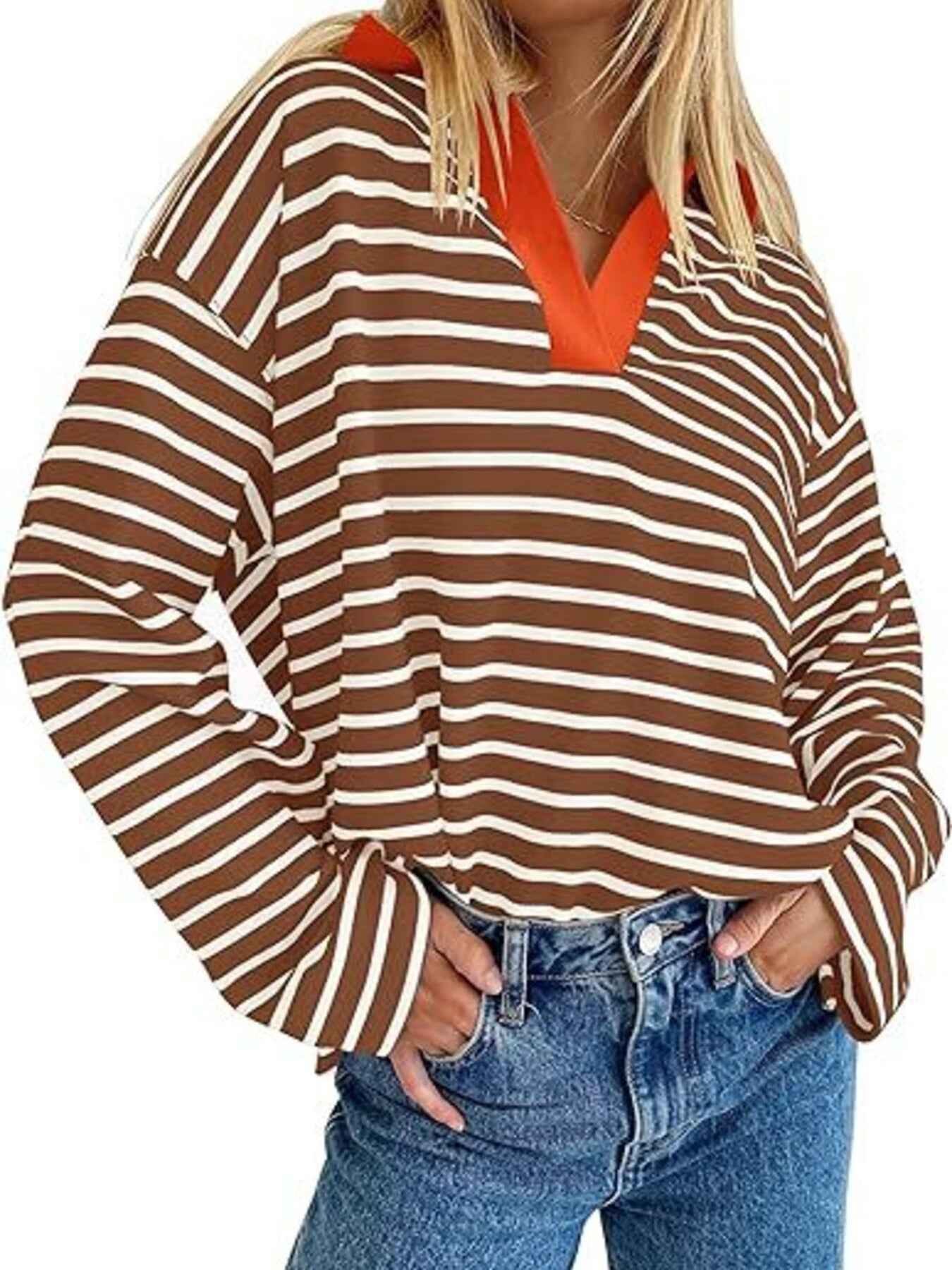Striped Contrast Collar Long Sleeve Top Trendsi