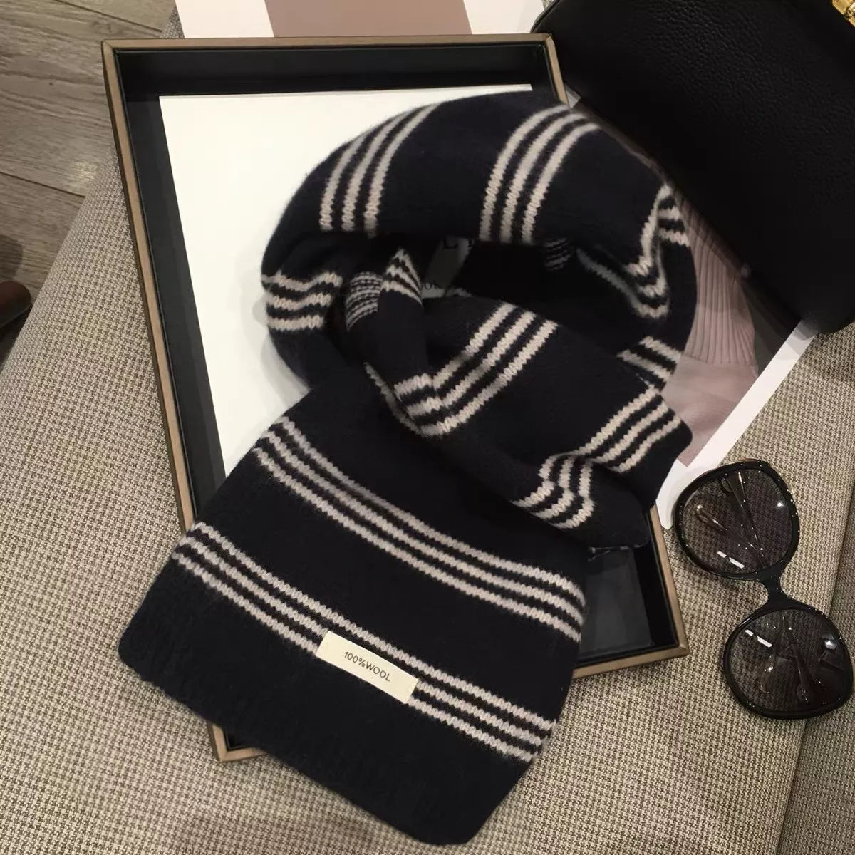 Wool Striped Contrast Knit Warm Scarf Trendsi Black ONESIZE
