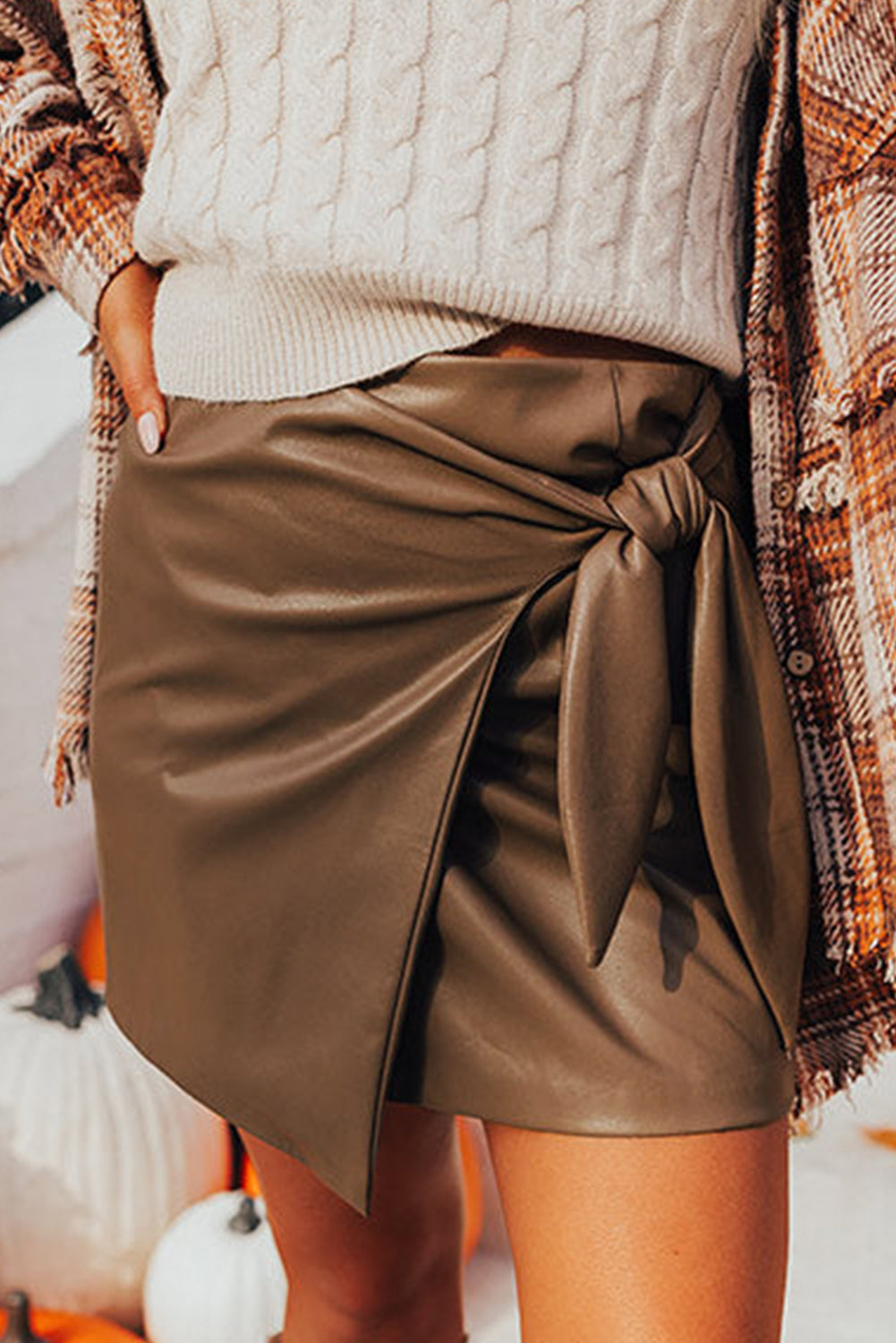 TEEK - Brown Bowknot Elastic Waist Mini Skirt SKIRT TEEK Trend