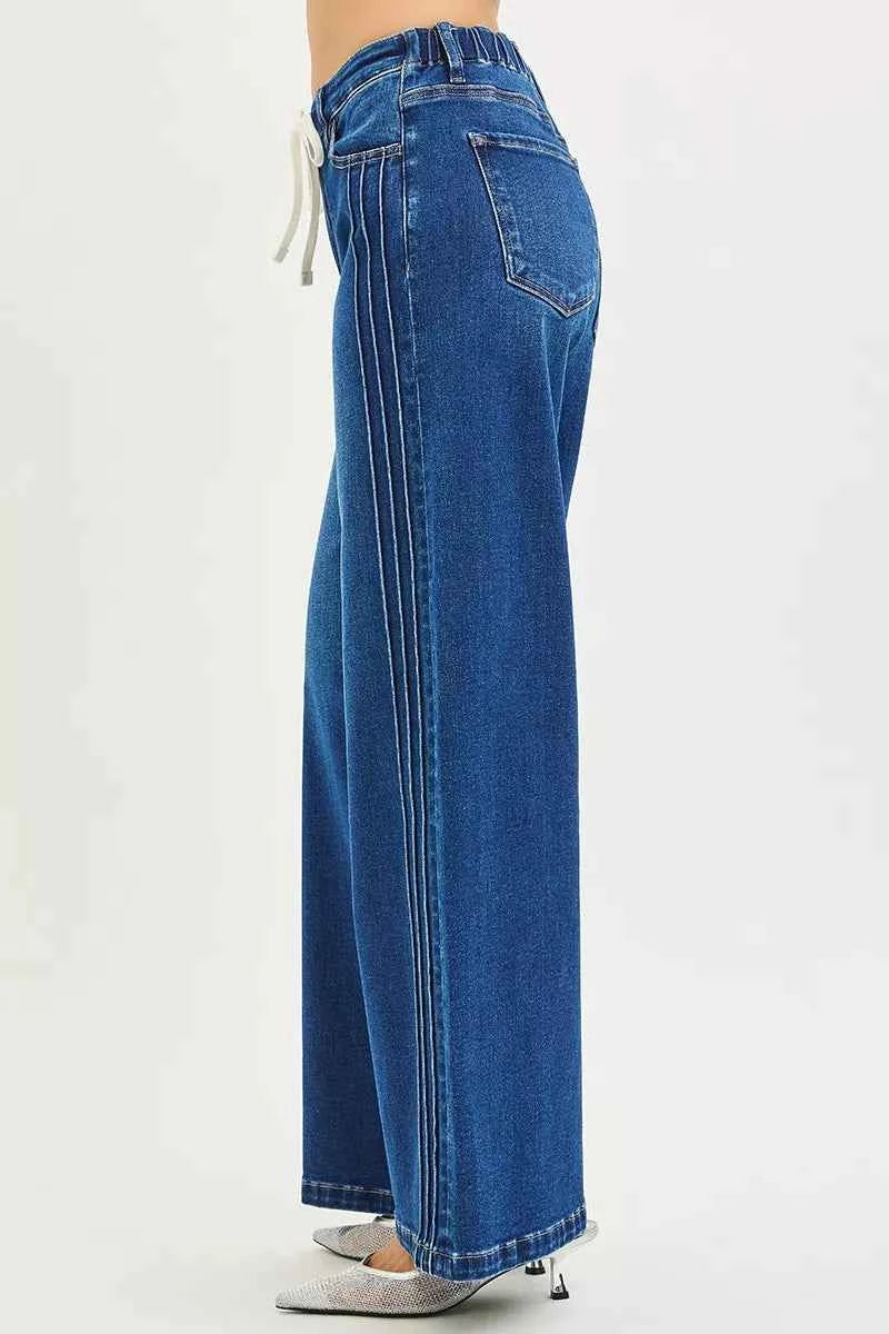 TEEK - Full Size Mid Rise Wide Side Pintuck Jeans with Front Drawstring Plus Size JEANS TEEK Trend