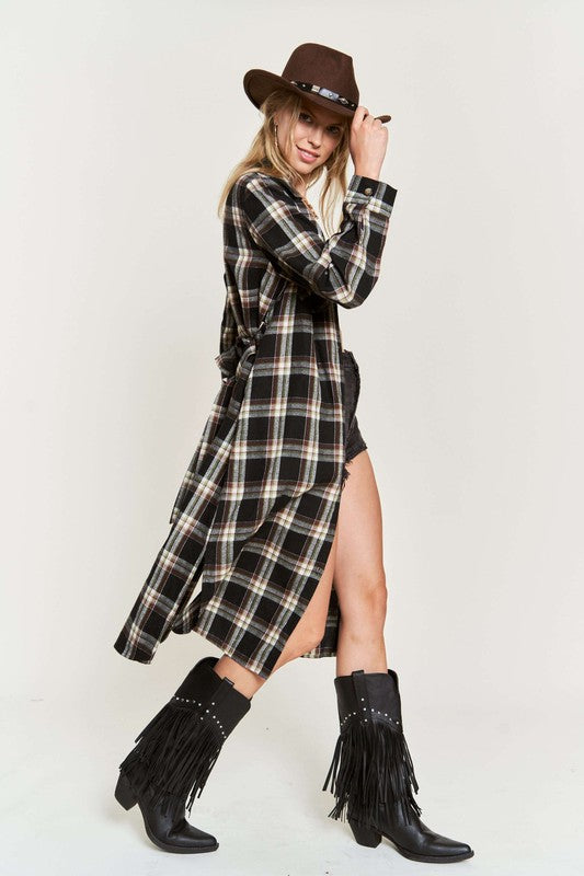 TEEK - PLUS SIZE  PLAID PRINT COLLAR LONG SHIRT DRESS DRESS TEEK FG   